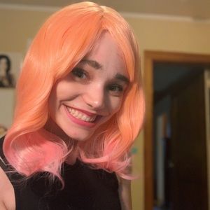 Orange + pink cute curly wig with bangs